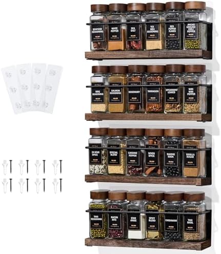 4-Tier Wall Mount Spice Rack Organizer- Screw/Adhesive Mount, Black Metal & Wood Spice Storage for Kitchen Pantry Cabinet, 11.6”L x 2.4”W x 3.2”H, Spice Jars Not Included