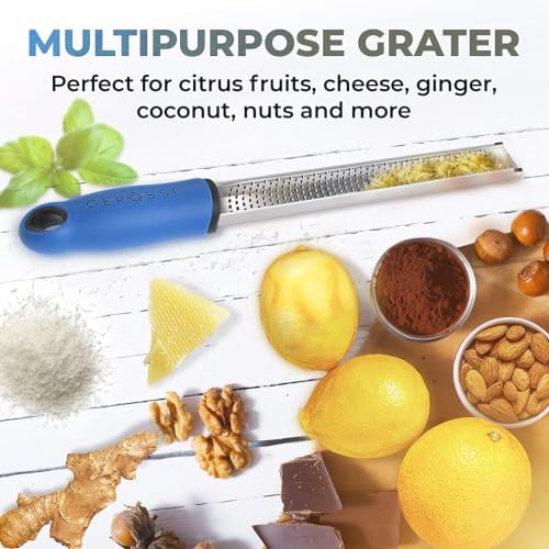 Stainless Steel Cheese Grater & Lemon Zester w/Extra Sharp Blade - Perfect for Lemon, Parmesan, Garlic, Chocolate - Spice Up any Dish in Seconds w/Your Premium Citrus Hand Grater with Handle - Blue