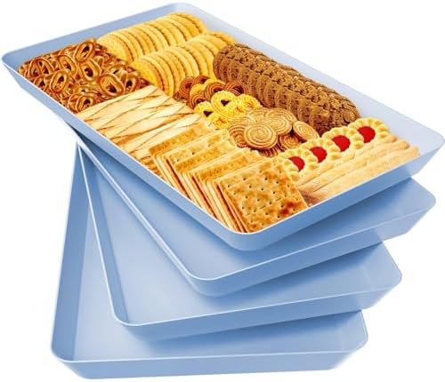 WOWBOX 4 pcs Serving Tray for Entertaining, Serving Platters for Snacks, Fruit, Cookies, Dessert, Reusable Plastic Trays for Serving Food and Pantry Organization in Kitchen & for Parties, (Blue)