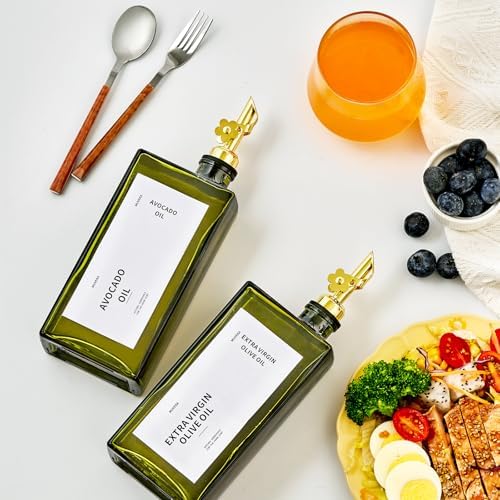 Olive Oil Dispenser Bottle for Kitchen, 16.9oz /500ml Cooking Vinegar Dispenser Bottle Set, Glass Sauce Container, Labels, Brush, Funnel, Stoppers, Green for Oil, Wine