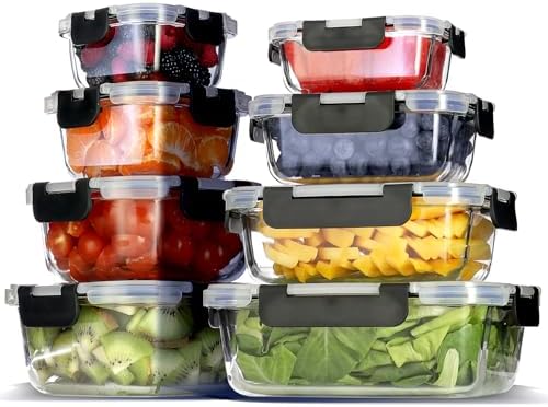 EATEX 16pc Glass Food Storage Containers with Lids, Airtight Glass Meal Prep Containers, 8 Reusable Food Storage Bins with 8 Leakproof Snap Lock Lids, Oven Microwave Freezer Safe Containers New