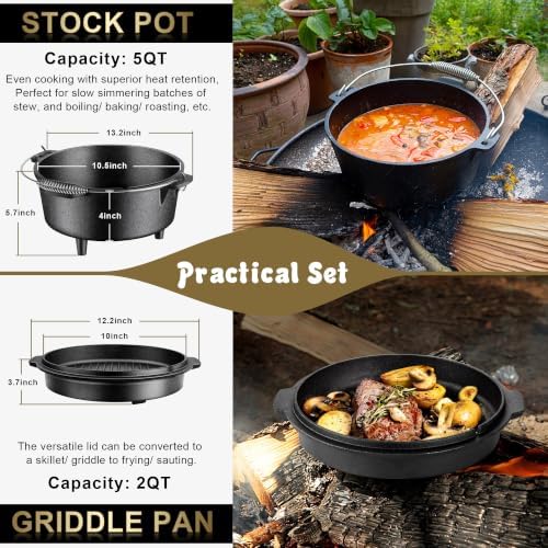 Joyfair Pre-seasoned Cast Iron Camp Dutch Oven, 5QT Pot & 2QT Skillet Lid