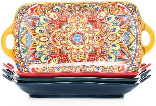 Boho Ceramic Serving Platters with Handles Set of 4, 12Inch Large Serving Dishes for Entertaining, Colorful Cute Porcelain Serving Plates for Sandwich, Appetizer, Fruit, Microwave Oven Safe Mix-color