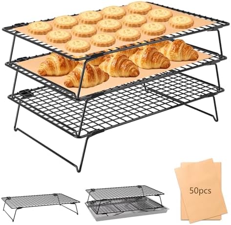 3-Tier Collapsible Cooling Rack, 13.4"x9.3" Cooling Racks with 50 Pcs