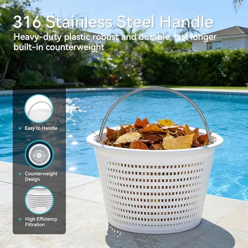 8" Pool Skimmer Basket, 316 Stainless Steel Handle, Built in Weight
