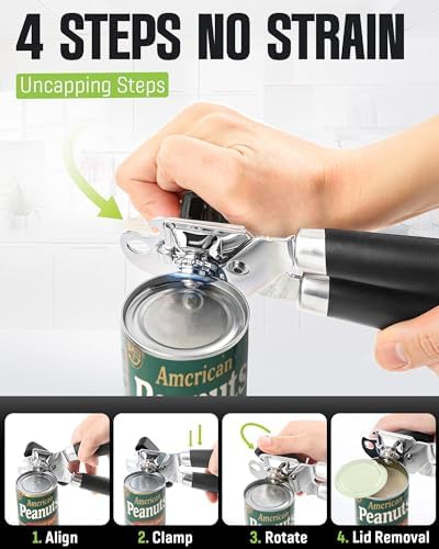 Multifunctional Can Opener Manual, Durable Heavy Duty Handheld Strong Can Opener with Smooth Cutting Edge, Friendly Kitchen Essentials Tool for Seniors, Camping and Bottle Opening-Black