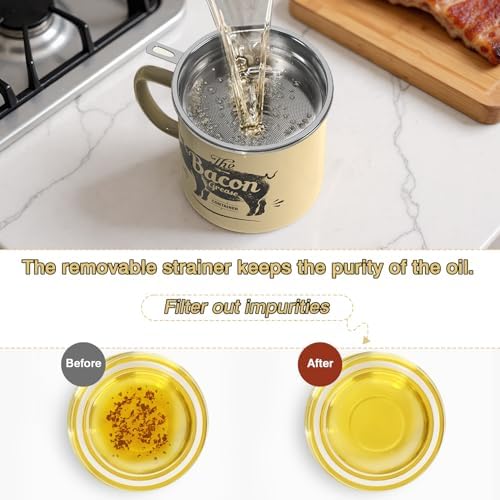 PGYARD Bacon Grease Container with Strainer-46OZ Enamel Keeper with Spatula