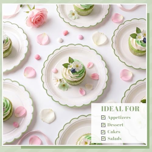 NatNarr 30 Pk Sage Green Plates 7" Scalloped Green White Dessert Cake Plate