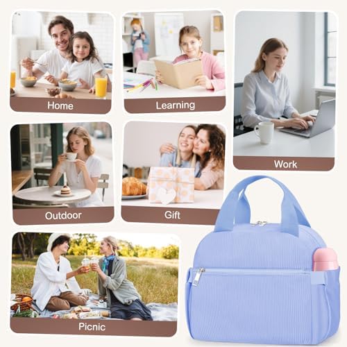 KUBYA Lunch Box for Women, Cute Grids Corduroy Insulated Lunch Bag Women Reusable Work Simple Adults Large Lunch Boxes Tote Bag Men Cooler Bag