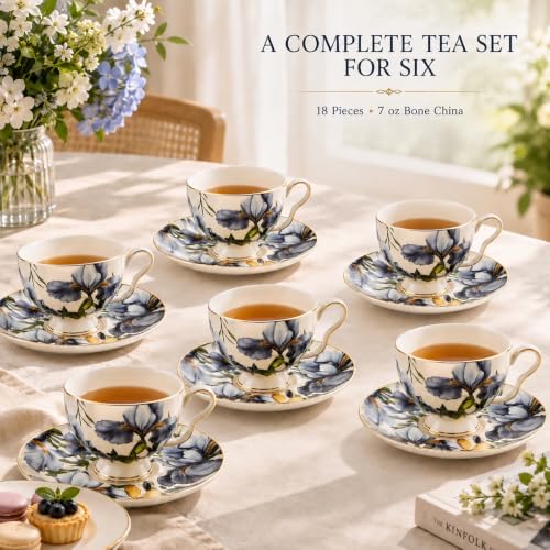 12-Piece Tea Cups and Saucers Set for 6, Blue Iris Gold Trim