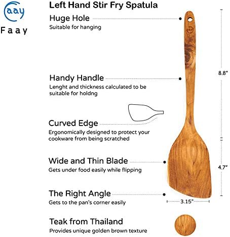 FAAY 13.5” Left-Hand Stir Fry Spatula – True Left-Hand Angled Teak Wooden Turner for Wok & Nonstick Pans, Natural Coconut Oil Finish, Handcrafted Wood Tool for Stirring & Flipping