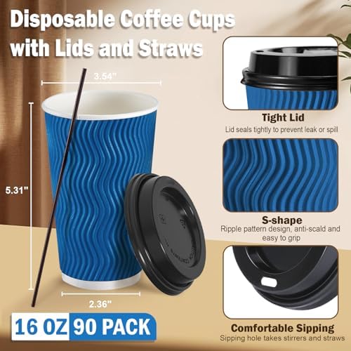 SIUQ 90 Pack 16 oz Disposable Coffee Cups with Lids and Straws - Navy