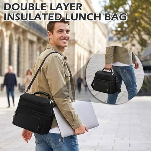 FlowFly Double Layer Cooler Insulated Lunch Bag Adult Lunch Box Large Tote Bag for Men, Women, With Adjustable Strap,Front Pocket and Dual Large Mesh Side Pockets