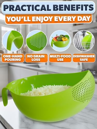 1.7L Rice Strainer with Handle, 9.4 In, Lightweight, ABS (Green)