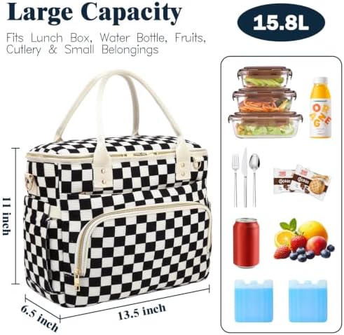 GYEUKHAM Insulated Lunch Bag for Women Men,Extra Large Lunch Box, Leakproof Reusable Cooler Tote for Adult, Everyday Soft Lunch Tote Bag for Work College Picnic Travel,C-Black Checkered
