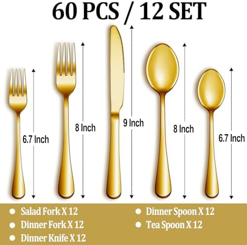 MUTNITT 60 Pcs Gold Silverware Set Service for 12, Premium Stainless Steel Flatware Set, Cutlery Utensil Set, Durable Home Kitchen Eating Tableware Set, Include Fork Knife Spoon Set, Dishwasher Safe