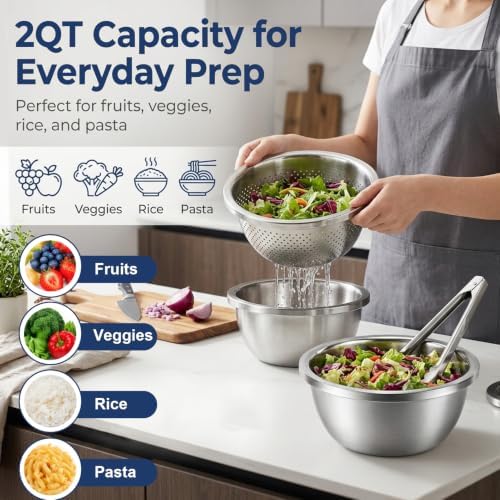 Palksky 2QT Stainless Steel Colander and Mixing Bowl Set