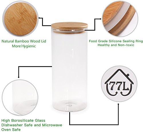 77L Glass Coffee Bean Container, 52.36 FL OZ (1550 ML), [Thickened Version] Glass Food Storage Jar with Airtight Seal Bamboo Lid - Clear Food Storage Canister for Serving Tea, Coffee, Spice and More
