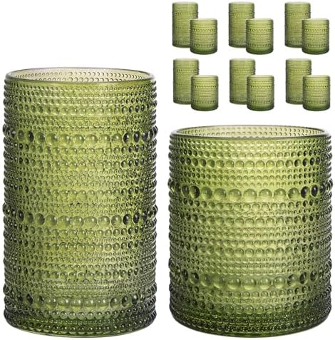 Moretoes Vintage Hobnail Drinking Glasses Set of 12 Green Water Glass Cups