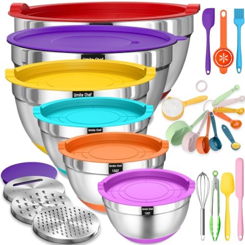 Umite Chef Thickened Heavy-Duty 26pcs Stainless Steel Bowl, Mixing Bowl Set with Lid, Grater Attachment, Colorful Non-Slip Bottom and Kitchen Gadget Set, Sizes 7, 4, 2.5, 2.0, 1.5, 1QT