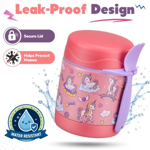 10oz Soup Thermo for Hot Food Kids,Lunch Thermo Kids Food Jar with Spoon Hot Insulated Food Containers,Leak Proof Stainless Steel Wide Mouth Lunch Thermo Jar for School(Pink-Unique Horse)