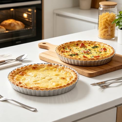 2 Pack 9 Inch Tart Pan with Removable Bottom Non-Stick Carbon Steel Quiche Pan for Oven Baking Molds for Pies Quiches Fruit Tart Cake with Fluted Edges, Silver (1 Inch Deep)