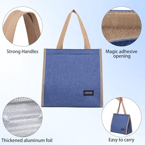 Insulated Lunch Bag for Work, 10.2"x5.9"x10.2" Oxford Waterproof Lunch Tote, Thermal Lunch Box for Office, Picnic & Outdoor, Blue Canvas Tote Bag