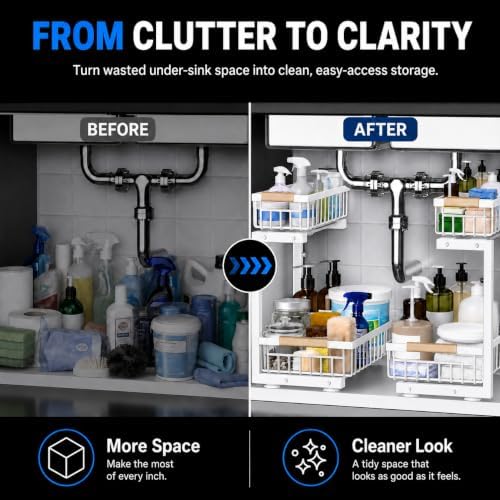 Under Sink Organizer 2 Pack, Double Slide Out Metal Shelf, White