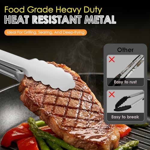 Metal Tongs for Cooking, Heat Resistant 600 Degrees - 7", 9" and 12"