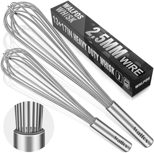 Walfos Whisks Large Whisk Set of 2, Heavy Duty Stainless Steel Wire Whisk Ideal For Beating Eggs, Mixing Batter & Blending Sauces.（13in+17in)