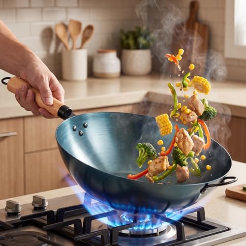 DUMOS 13.5" Carbon Steel Wok Pan, No Chemical Coating, Pre-Seasoned Flat Bottom Pow Wok for Family Meals and Camping, Compatible with Induction, Electric, Gas, Open Fire, Blue