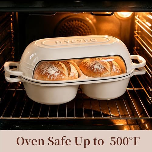 Enameled Cast Iron Double Round Bread Loaf Pot with Lid –Cream White