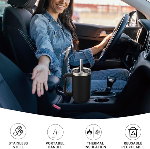 40 oz Tumbler with Handle,Tumbler with Lid and Straw,Double Wall Insulated Cup Stainless Steel Travel Mug(Cold for 34 Hours),Water Bottle for Iced Tea,Coffee,Cold Beverages(Black)