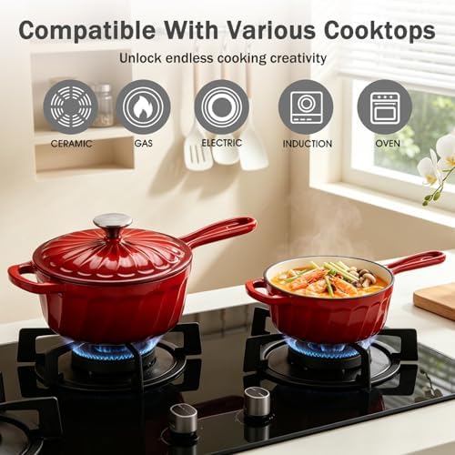 1 Quart Saucepan with Lid, Enameled Cast Iron Sauce Pan, Heavy Duty Small Pots for Cooking Pasta Sauce, Soup, Milk, Oven Safe up to 500°F (Red)