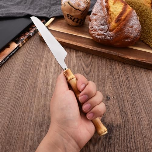 Dinner Knife Set with Bamboo Handle, 8-Piece Stainless Steel Shiny Silver Dinner Knives, Creative Design Table Knives for Home Restaurant, 8.74 inch, Handcrafted