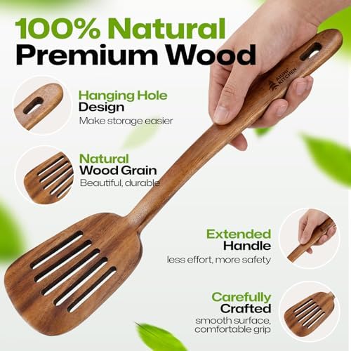 AIUHI Natural Teak Slotted Spatula, Ergonomic Long Handle Cook Spatula, Heat‑Resistant Food‑Grade Wooden Turner for Home Kitchen Daily Cooking
