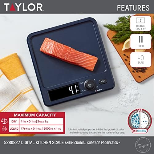 Taylor Digital Kitchen Scale with Antimicrobial Surface Plastic Body Weighs Up to 11 pounds Capacity with Hold and Tare Functions and Backlight