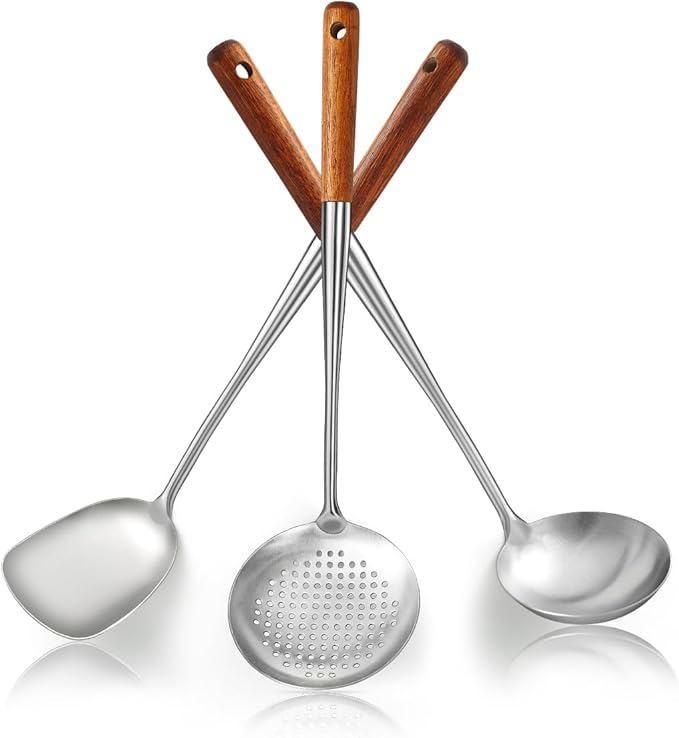 Evanda Wok Spatula Set 17", Heat Resistant Wood Handle Stainless Steel Wok Tools, Ladle, Metal Spatula, Kitchen Skimmer, Professional Kitchen Cooking Utensils Set, Wok Accessories Dishwasher Safe