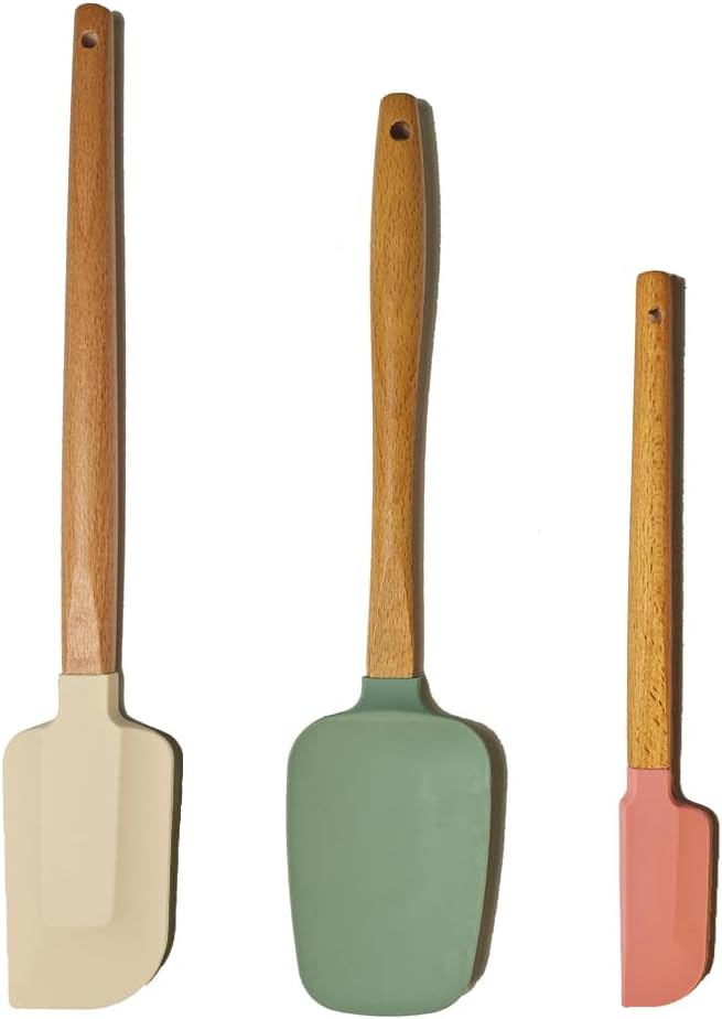 3PCS Heat Resistant Silicone Spatula Set, Silicone Spatula with Wooden Handle, Silicone Spatula Wooden Handle, Spatulas Silicone Heat Resistant Wood, Rubber Spatula for Baking Non-Stick Cooking Mixing