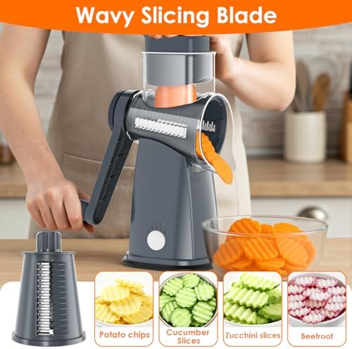 MealHelper 5 Blade Rotary Cheese Grater Hand Crank with Storage Box, Vegetable Chopper, Cheese Shredder for Cheeses, Veggies, Nuts - Easy to Use, Non-slip Suction Base, Gray
