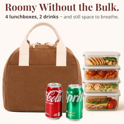 LOVELYWIND Lunch Box for Women Men, Brown Corduroy Insulated Lunch Bag