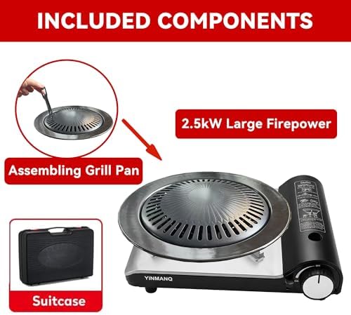 Detachable Grill Pan & Butane Stove Combo with Safety Auto-Eject | Portable Suitcase Design for Camping, Tailgating, Picnics, Indoor/Outdoor Cooking & Hot Pot
