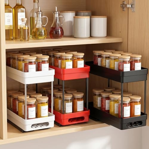 3 Pack Pull Out Spice Rack Organizer for Cabinet, Slide Out Spice Racks Organizer, Spice Cabinet Organizers, Cabinet Size Need:12'' Highx11'' Deepx5'' Wide,Each Tier Hold 10 Spice Jar- 2 Tier,3 Colors