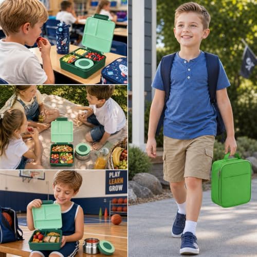 Itslife Bento Lunch Box for Kids with 8oz Soup Thermo&Lunch Bag, Leak-Proof Lunch Food Containers with 4 Compartment, Hot Food Insulated Food Jar for Kids School (Green)