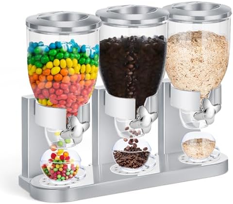 1 Pack Triple Cereal Dispenser 2L, Countertop Dry Food Dispenser, Silver