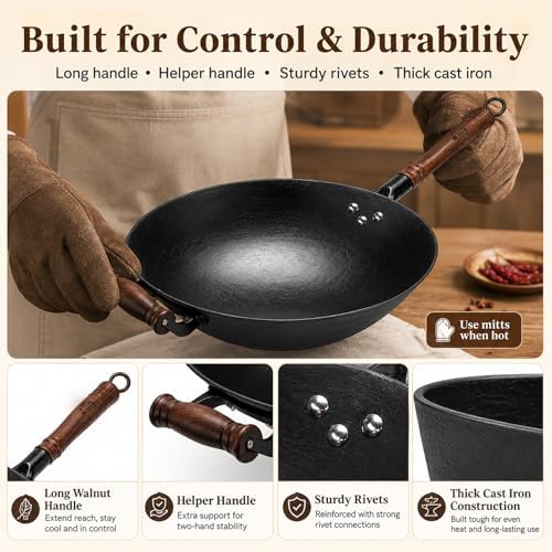 WANGYUANJI 12.6 Inch Round Bottom Cast Iron Wok with Glass Lid, Chinese Stir Fry Pan for Gas Stove & Open Flame, Uncoated Clay-Mold Texture, Wok Ring Required, Seasoning Needed