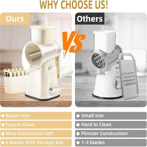 Rotary Cheese Grater with Handle, 5 Replaceable Blades (Beige)