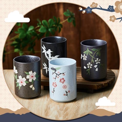 Qinyoung 4 Pcs Japanese Tea Cups Ceramic 10 oz No Handle, Flower， Bamboo