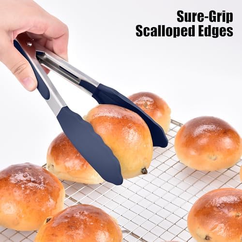 Doosu Kitchen Tongs with Silicone Tips for Cooking Serving (7in, Navy Blue)