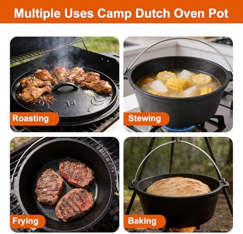 Pre-Seasoned 10QT Large Cast Iron Camping Dutch Oven Pot with Lid